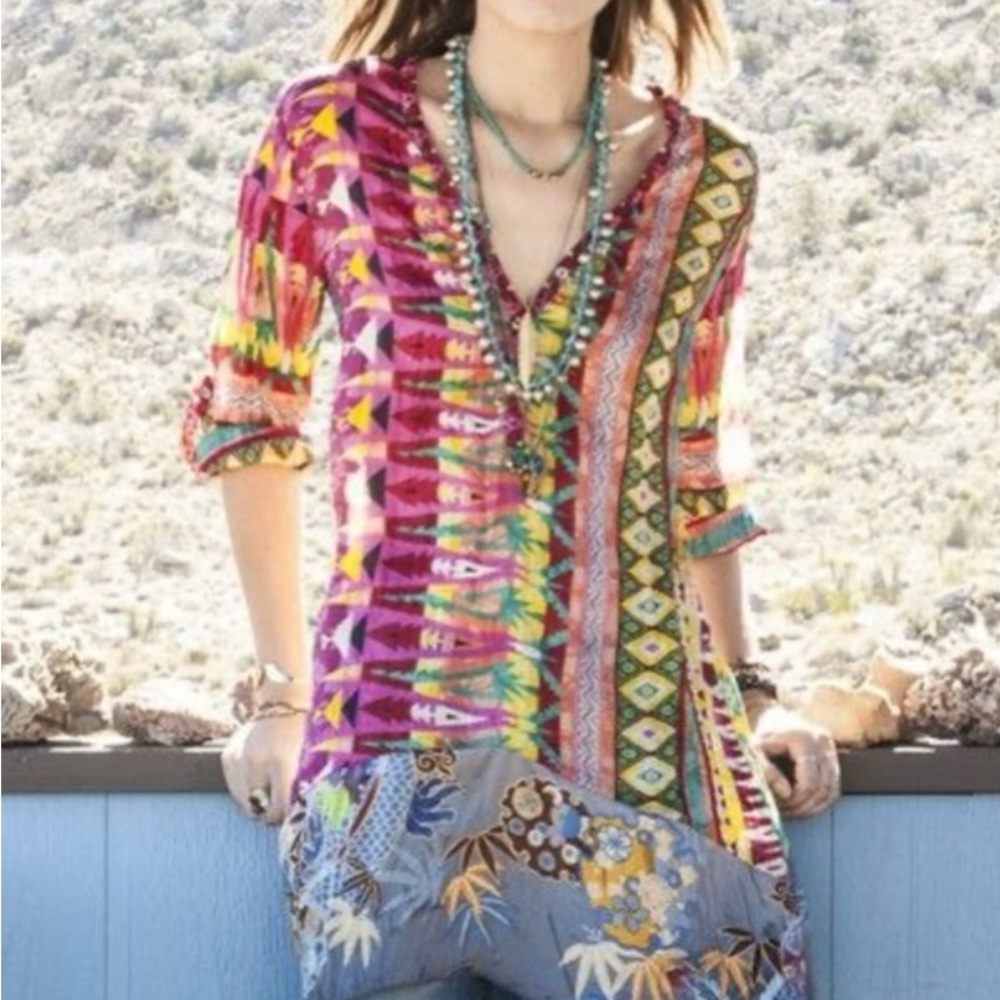 Johnny Was Multicolor Patterned Tunic — Pink, Yellow, Green, Blue